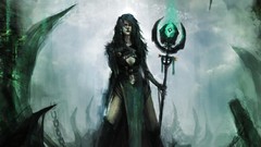 Woman staff chains long hair mage artwork fantasy art