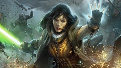 Woman star wars chains lightsabers futuristic