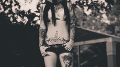 Woman star wars monochrome Darth Vader tattoos low-angle shot