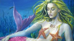 Woman starfish mermaids green hair artwork fantasy art