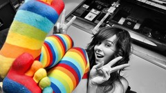 Woman stockings brunettes teen striped legwear selective 