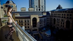 Woman stockings lingerie brunettes models cityscapes high heels 