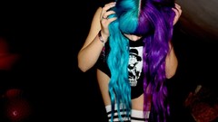 Woman stockings multicolor long hair colored hair hands on head