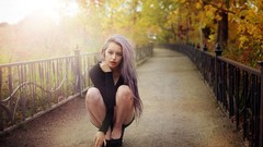 Woman stockings outdoors blondes Squatting