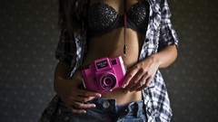 Woman stomach models bra open shirt