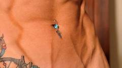 Woman stomach navel legs muscles tattoos lingerie bodybuilding 