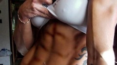 Woman stomach navel legs muscles tattoos lingerie bodybuilding 