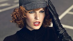Woman street hats faces models redheads curly hair