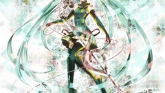 Woman string gloves microphones skirts blue hair long hair 