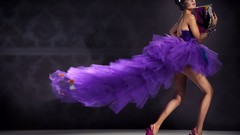 Woman studio brunettes models mod high heels purple dress