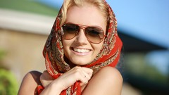 Woman sunglasses blondes scarfs sunlight smiling ray ban 