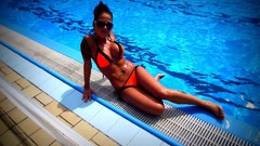 Woman sunglasses brunettes bikini swimming pools
