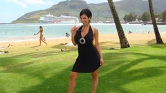 Woman sunglasses outdoors black dress denise milani