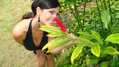 Woman sunglasses outdoors black dress denise milani