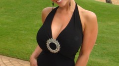 Woman sunglasses outdoors black dress denise milani