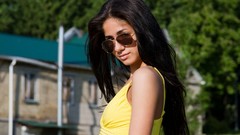 Woman sunglasses outdoors brunettes yellow dress Met-Art 