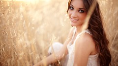 Woman sunlight smiling long hair brunettes girls in nature 