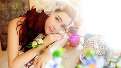 Woman sunlight white dress oriental tea cup hair ornaments 