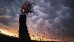 Woman sunset clouds autumn