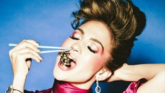 Woman sushi lips blue background jennifer lopez eating