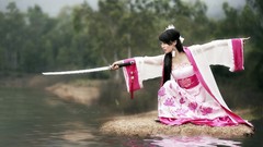 Woman Swords asians brunettes models Japanese clothes