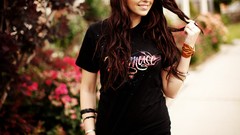 Woman t-shirts smiling long hair brunettes hair pulling Taylor 