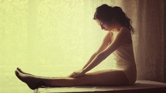 Woman Tables legs brunettes models Sandy Manase