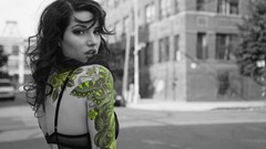 Woman tattoos bra looking back selective coloring El Wood