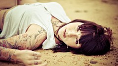 Woman tattoos brunettes bangs