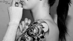 Woman tattoos brunettes black hair grayscale Andrea La Pirate