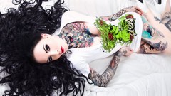 Woman tattoos brunettes lying down high heels