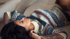 Woman tattoos brunettes models lying down huge boobs sweaters