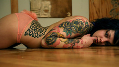 Woman tattoos brunettes panties topless