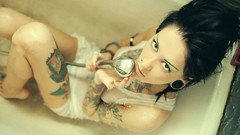 Woman tattoos brunettes piercings models Russians pierced lips 