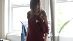 Woman tattoos brunettes window panes Alexander Tikhomirov