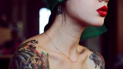 Woman tattoos closed eyes brunettes models no bra blindfolds 