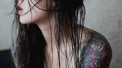 Woman tattoos closed eyes brunettes models no bra Ira Chernova