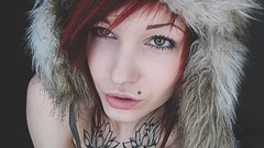 Woman tattoos green eyes piercings redheads hooded