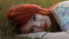 Woman tattoos green eyes redheads pale skin Lass-model Julie 