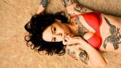 Woman tattoos lingerie bra black hair