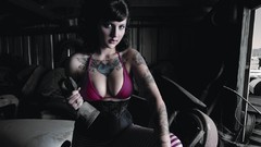 Woman tattoos lingerie brunettes bra cleavage hotrod striped 