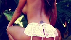 Woman tattoos models boobs looking back high heels sideboobs 