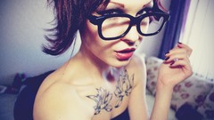 Woman tattoos nerd girls with glasses