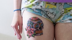 Woman tattoos panties Snoopy thighs body parts wristbands