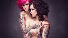 Woman tattoos pink hair brunettes