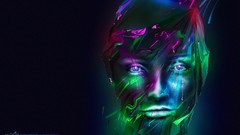 Woman tears blue background faces multicolor purple eyes 