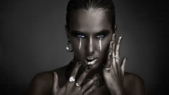 Woman tears rings blue eyes models Simple Background hands on 