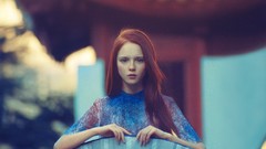 Woman Temples long hair blue eyes redheads teen