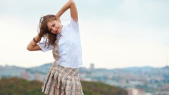 Woman tie Amelie outdoors smiling long hair blue eyes brunettes 