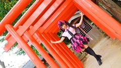 Woman tie hats bows outdoors asians skirts long hair bangs 